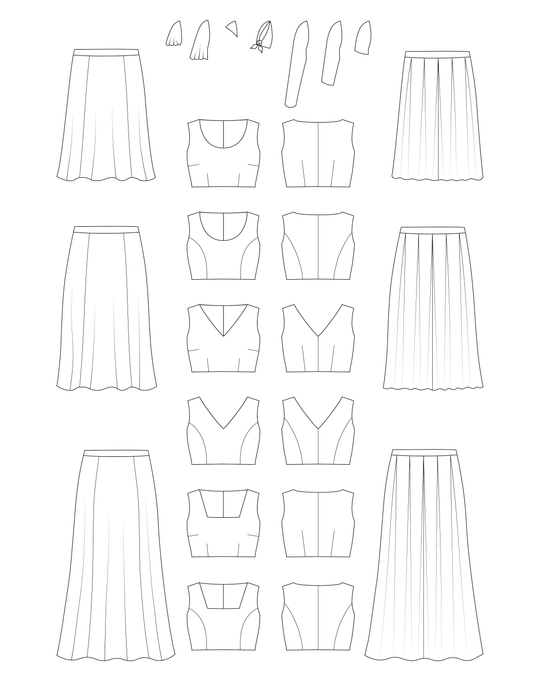 Line drawings of various clothing items including skirts and tops on a white background. This dress is the Upton Dress & Skirt sewing pattern from Cashmerette.