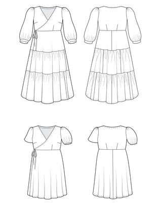 Line art of a dress from multiple angles on a white background. This dress is the Roseclair Wrap Dress sewing pattern from Cashmerette.