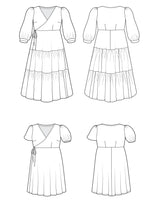 Line art of a dress from multiple angles on a white background. This dress is the Roseclair Wrap Dress sewing pattern from Cashmerette.