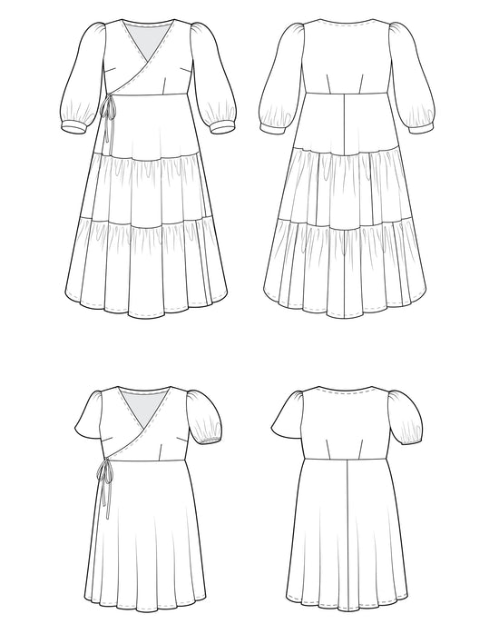 Line art of a dress from multiple angles on a white background. This dress is the Roseclair Wrap Dress sewing pattern from Cashmerette.