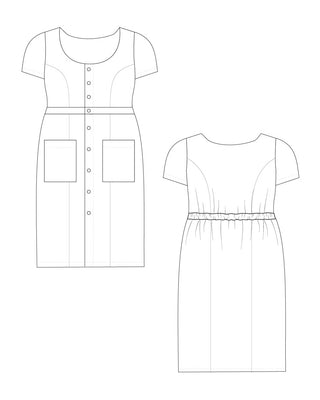Technical drawing of a dress with front and back views on a white background. This dress is the Hampden Dress sewing pattern from Cashmerette.