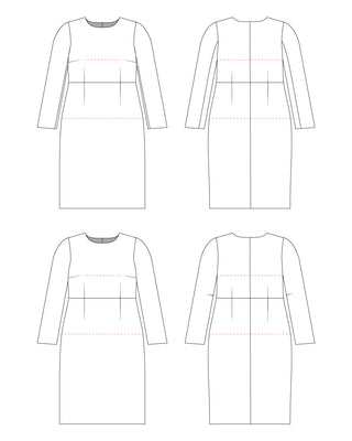 Technical drawing of a dress with front, back, and side views on a white background. This dress is the Wyman Dress Sloper sewing pattern from Cashmerette.