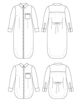 Line drawing of a long-sleeve shirt with front and back views on a white background. This dress is the Winvale Dress & Tunic sewing pattern from Cashmerette.