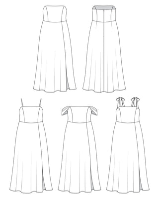Line drawings of various strapless dresses on a white background. This dress is the Ellington Strapless Dress sewing pattern from Cashmerette.
