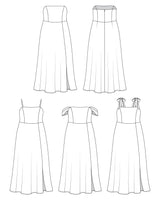 Line drawings of various strapless dresses on a white background. This dress is the Ellington Strapless Dress sewing pattern from Cashmerette.