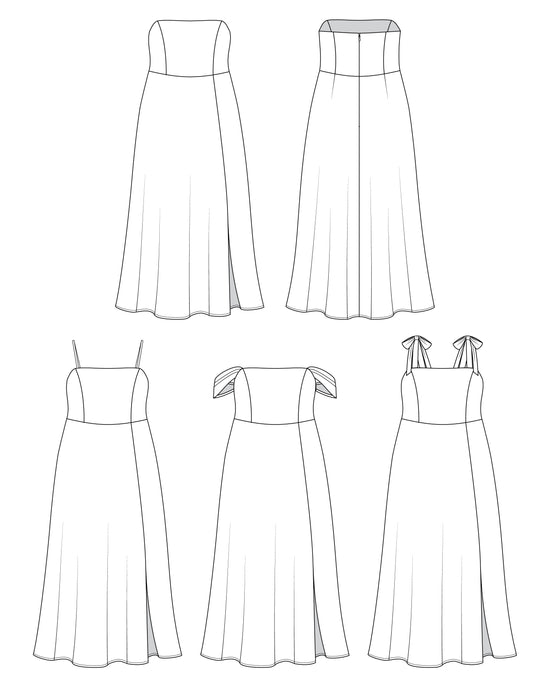 Line drawings of various strapless dresses on a white background. This dress is the Ellington Strapless Dress sewing pattern from Cashmerette.