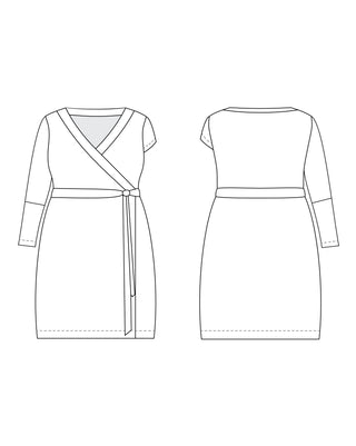 Line drawing of a wrap dress from front and back views on a white background. This dress is the Appleton Wrap Dress sewing pattern from Cashmerette.