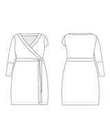 Line drawing of a wrap dress from front and back views on a white background. This dress is the Appleton Wrap Dress sewing pattern from Cashmerette.