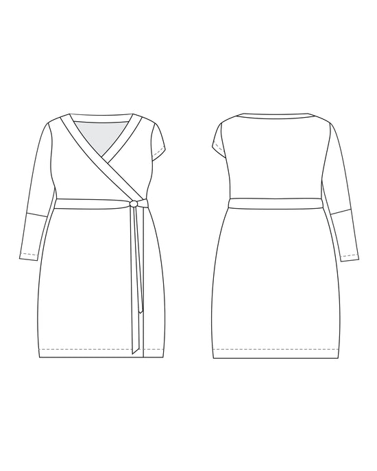 Line drawing of a wrap dress from front and back views on a white background. This dress is the Appleton Wrap Dress sewing pattern from Cashmerette.