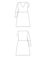 Technical drawing of a dress with long sleeves on a white background. This dress is the Turner Dress sewing pattern from Cashmerette.