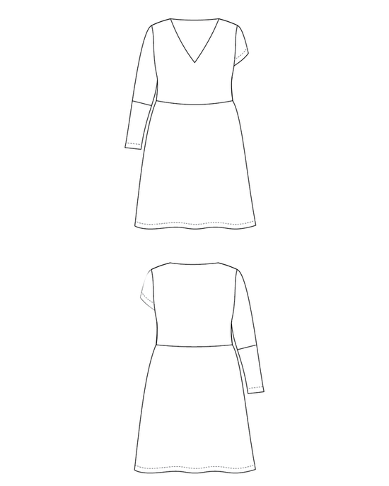 Technical drawing of a dress with long sleeves on a white background. This dress is the Turner Dress sewing pattern from Cashmerette.