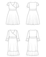 Line drawing of a dress from multiple angles on a white background. This dress is the Alcott Dress sewing pattern from Cashmerette.
