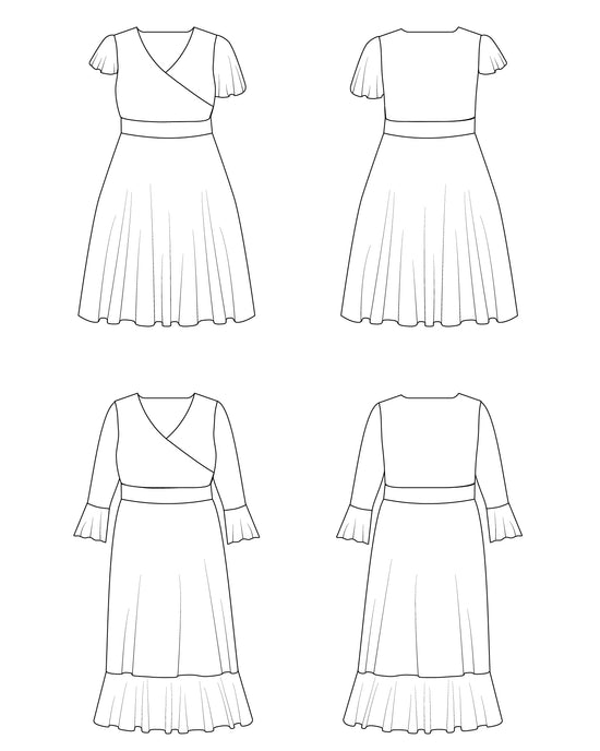 Line drawing of a dress from multiple angles on a white background. This dress is the Alcott Dress sewing pattern from Cashmerette.