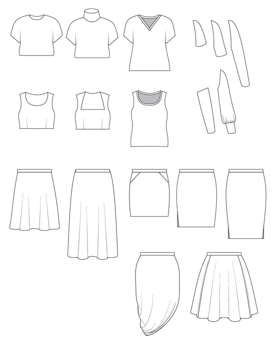 Line drawings of various clothing items including shirts, tops, and skirts on a white background.. This is the Grafton Dress, Top & Skirt sewing pattern from Cashmrette.