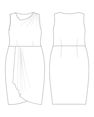 Line drawing of a sleeveless dress with draped front detail on a white background. This dress is the Dewey Dress sewing pattern from Cashmerette.