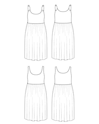 Line art of a pleated dress on a white background. This dress is the Irving Dress sewing pattern from Cashmerette.