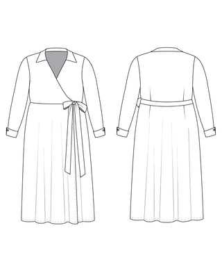 Technical illustration of the Hazelton Wrap Dress sewing pattern on a white background.