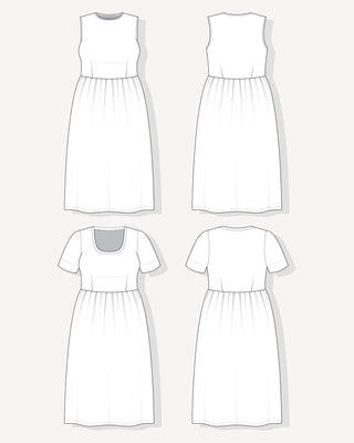 Line drawings of a white dress from multiple angles on a white background. This is the Duxbury Dress sewing pattern from Cashmerette.