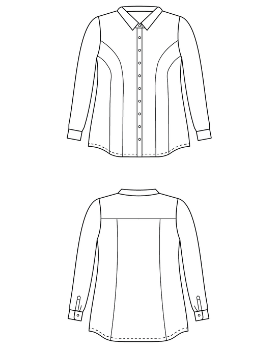 Line drawing of a long-sleeve shirt from front and side views on a white background. This button-up shirt is the Harrison Shirt sewing pattern from Cashmerette.