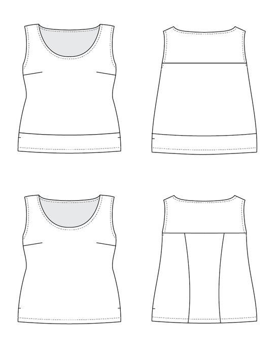 Black and white line drawings of a tank top on a white background. This top is the Springfield Top sewing pattern from Cashmerette.