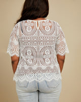 White lace top worn by a person on a beige background. This top is the Montrose Top sewing pattern from Cashmerette.