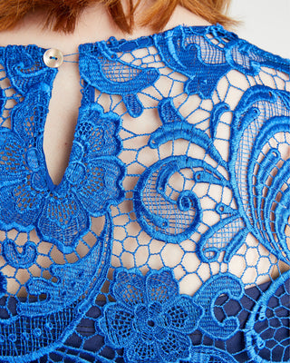 Close-up of blue lace fabric with intricate patterns. This top is the Montrose Top sewing pattern from Cashmerette.