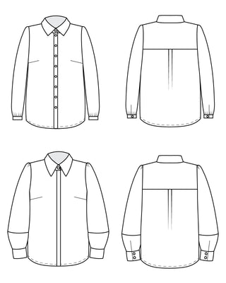 Line drawing of a shirt from front, back, and side views on a white background. This top is the Vernon Shirt sewing pattern from Cashmerette.