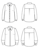 Line drawing of a shirt from front, back, and side views on a white background. This top is the Vernon Shirt sewing pattern from Cashmerette.