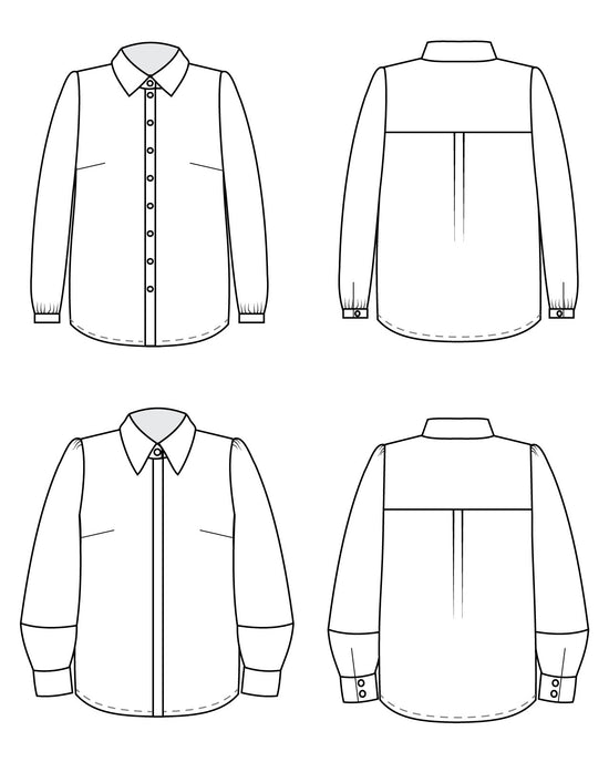 Line drawing of a shirt from front, back, and side views on a white background. This top is the Vernon Shirt sewing pattern from Cashmerette.