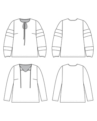 Line drawing of a long-sleeve shirt with pleated sleeves on a white background. This top is the Alton Blouse sewing pattern from Cashmerette.