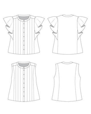 Technical drawing of a blouse with ruffled sleeves on a white background. This top is the Selwyn Top sewing pattern from Cashmerette.