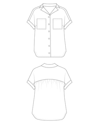 Line drawing of a short-sleeve shirt with button details on a white background. Woman wearing a plaid shirt and denim shorts against a neutral background. This top is the Haskell Shirt sewing pattern from Cashmerette.