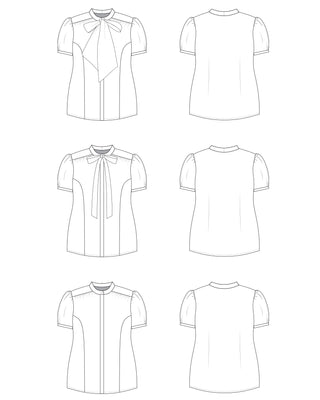 Line drawings of various blouse designs on a white background. This top is the Swanton Pussy Bow Blouse sewing pattern from Cashmerette.