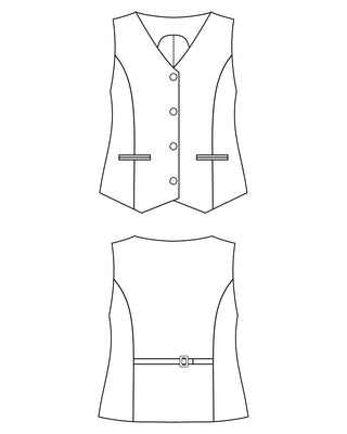 Line drawing of a vest from front and side views on a white background. This vest is the Hartwell Vest sewing pattern from Cashmerette.
