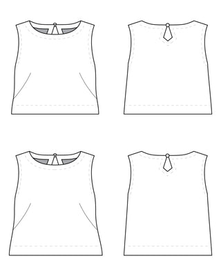 Line drawing of a sleeveless top from front and back views on a white background. This top is the Thorndike Tank sewing pattern from Cashmerette.