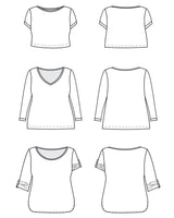 Line art of various t-shirt designs on a white background. This t-shirt is the Concord T-Shirt sewing pattern from Cashmerette.