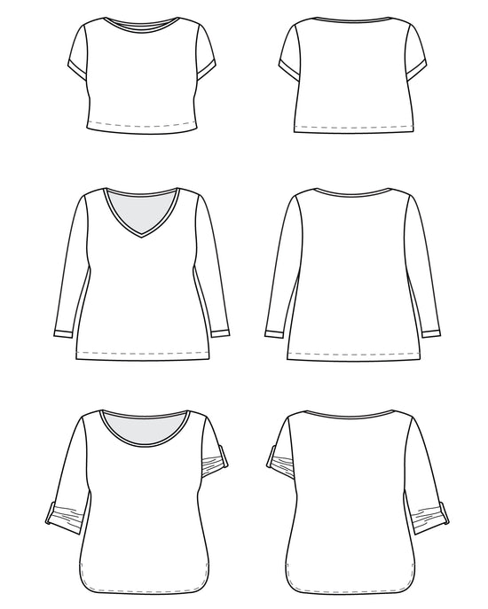 Line art of various t-shirt designs on a white background. This t-shirt is the Concord T-Shirt sewing pattern from Cashmerette.