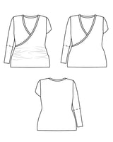 Line drawings of a women's top from three angles on a white background. This top is the Dartmouth Top sewing pattern from Cashmerette.