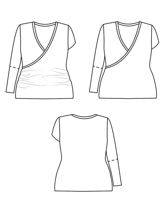 Line drawings of a women's top from three angles on a white background. This top is the Dartmouth Top sewing pattern from Cashmerette.