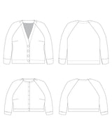Line drawing of a women's cardigan from front, back, and side views on a white background. This cardigan is the Fuller Cardigan sewing pattern from Cashmerette.