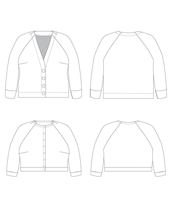 Line drawing of a women's cardigan from front, back, and side views on a white background. This cardigan is the Fuller Cardigan sewing pattern from Cashmerette.