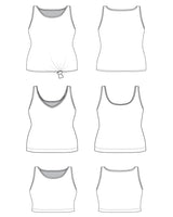 Line art of a tank top from multiple angles on a white background. This tank top is the Saybrook Tank sewing pattern from Cashmerette.
