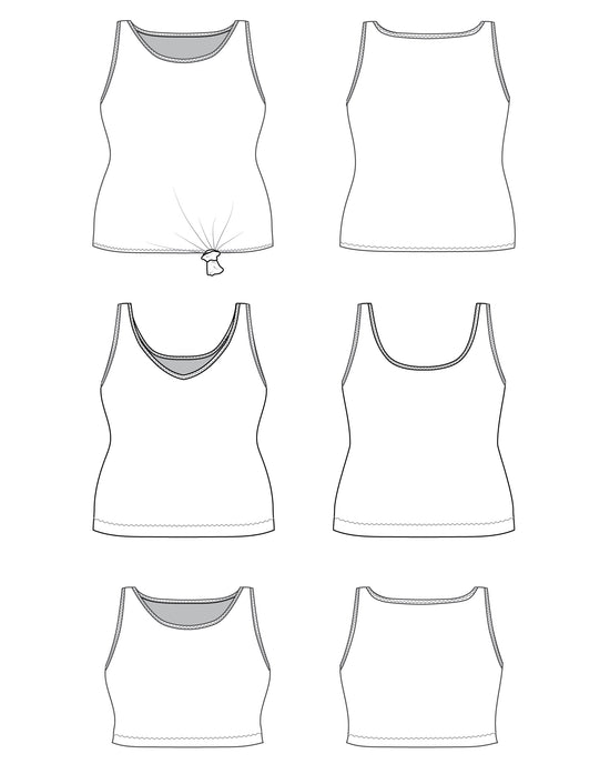 Line art of a tank top from multiple angles on a white background. This tank top is the Saybrook Tank sewing pattern from Cashmerette.