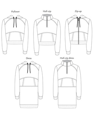 Line drawings of various types of hoodies and dresses with different zipper and sleeve designs. This hoodie is the Stanton Hoodie sewing pattern from Cashmerette.