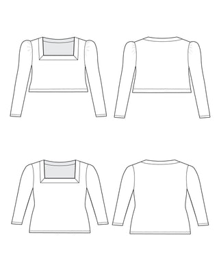 Line drawing of a long-sleeve top on a white background. This top is the Carlyle square neck t-shirt sewing pattern from Cashmerette.