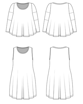 Technical drawing of a sleeved top and sleeveless dress with front and back views on a white background. This is the Wexford Top & Dress sewing pattern from Cashmerette.