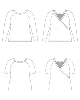 Line drawings of four different tops on a white background. This top is the Kenwin Raglan T-Shirt sewing pattern from Cashmerette.