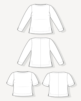 Black and white technical line drawings showing multiple views of a long-sleeve top, including front, back, and short-sleeve variants, on a light gray background. This is the Wellfleet T-Shirt sewing pattern from Cashmerette.