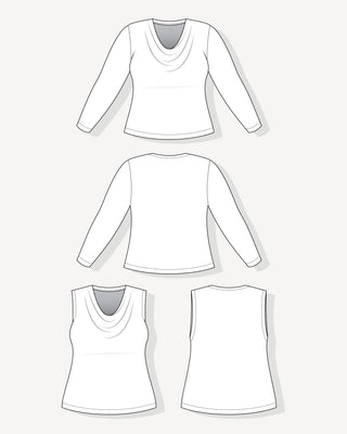 Line drawing of two tops from the front and back.  This is the Amesbury Cowl Top sewing pattern from Cashmerette.