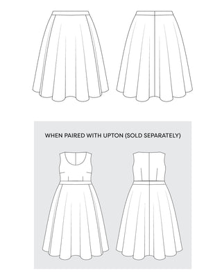 Skirt design illustration with text indicating pairing with Upton. This skirt is the Gilmore Circle Skirt sewing pattern from Cashmerette.